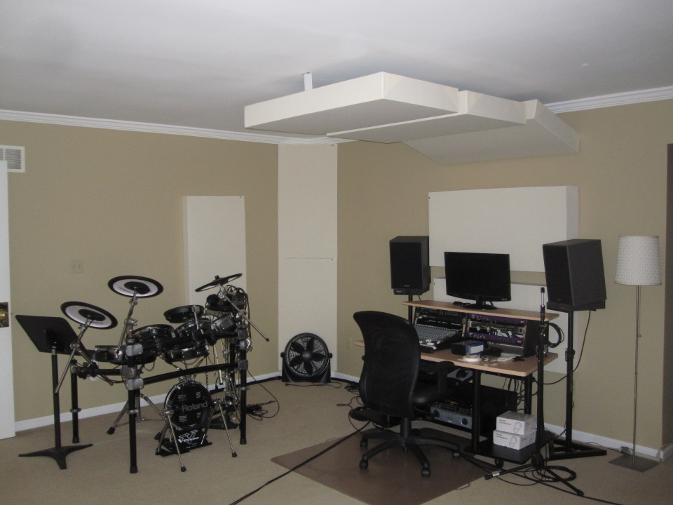 Another view of studio, looking at the drums and console